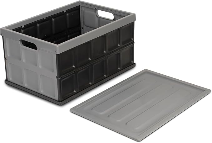 Glad Collapsible Storage Bin with Lid - 48L Foldable Plastic Box for Garage, Car Trunk, and Organization - Stackable Lidded Container with Handles, Grey