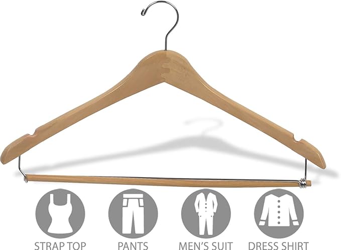 Curved Wood Suit Hanger w/Locking Bar, Box of 50 17 Inch Hangers w/Natural Finish & Chrome Swivel Hook & Notches for Shirt Dress or Pants