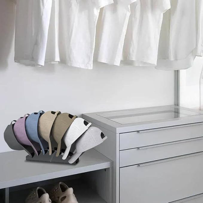 Hat Organizer for Closet Shelf, Hat Holder for 7 Baseball Caps, Tabletop Free Standing Hat Storage Rack, Small Ball Cap Stand for Display and Organizer Bedroom Office (Black)