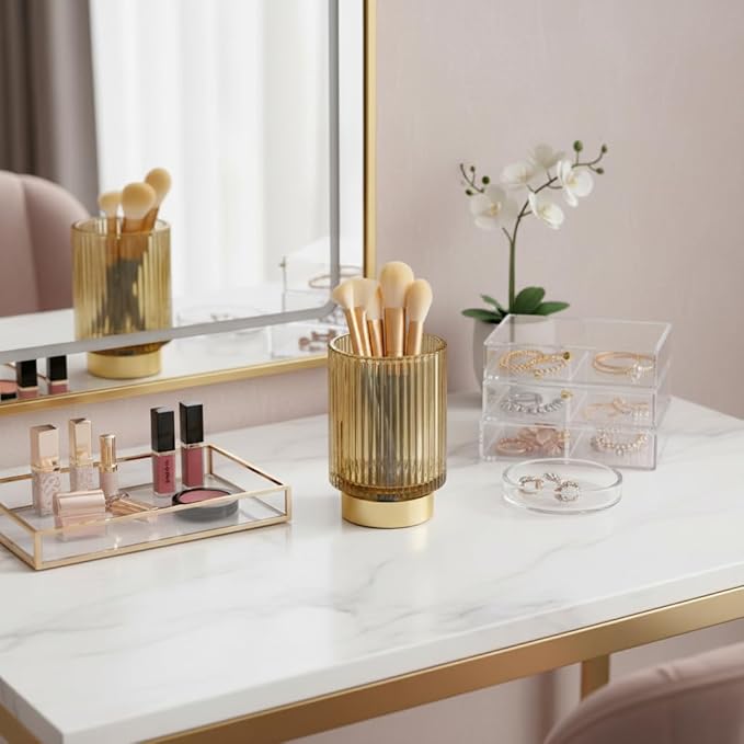 Vintage Makeup Brush Holder Organizer,Dresser Glass Brushes Holder,Vanity Cosmetic Brush Holder,Desktop Crystal Eyeliners Eyebrow Pencil Storage Cup Holder for Countertop (Large Amber)