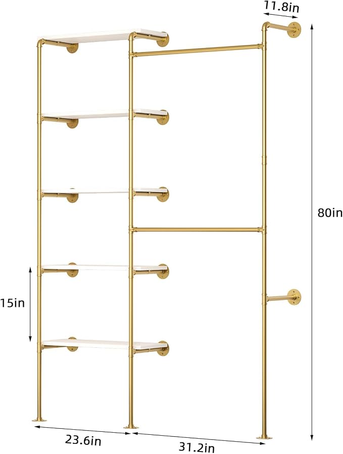 Industrial Pipe Clothing Rack, Wall Mounted DIY Garment Rack with 2 Adjustable Rod & 5 Shelves, Heavy Duty Closet Organizers System in Wardrobe Closet, Gold