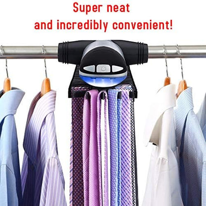 Motorized Tie Rack Closet Organizer with LED Lights Includes J Hooks for Wired Shelving Stores Up to 72 Ties & 8 Belts Operates with Batteries