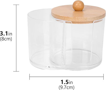 Adorila Compact Cotton Pad & Swab Holder with Bamboo Lid, Dust-Free Space-Saving Bathroom Vanity Organizer for Floss (Clear)