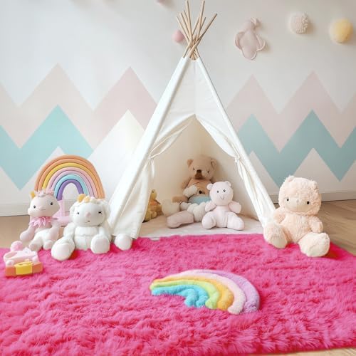 OLANLY Area Rugs for Living Room Bedroom, Machine Washable 4x5.9 ft Soft Fluffy Shaggy Bedside Rug, Indoor Floor Carpet for Kids Girls and Boys, Dorms, Nursery Rooms, Home Decor Aesthetic, Hot Pink - Image 3