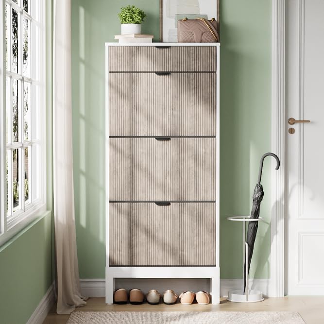 IDEALHOUSE Shoe Storage Cabinet with 3 Flip Drawers, Farmhouse Fluted Shoe Organizer with Metal Legs, Freestanding Hidden Slim Narrow Shoe Rack for Entryway, Foyer, Hallway