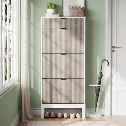 IDEALHOUSE Shoe Storage Cabinet with 3 Flip Drawers, Farmhouse Fluted Shoe Organizer with Metal Legs, Freestanding Hidden Slim Narrow Shoe Rack for Entryway, Foyer, Hallway