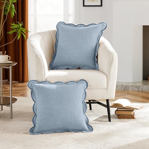 Ohocut Scalloped Pillow Cover Pack of 2 Spring Chenille Decorative Throw Pillow Covers Cute Boho Couch Pillow Covers Aesthetic Funky Preppy Pillow Cases for Sofa Living Room (Misty Blue, 20x20 Inch) - Image 2