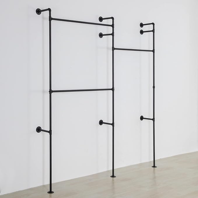 Wall Mounted Industrial Pipe Clothing Rack Garment Racks Pipeline Vintage Rolling Rack On Wall, Heavy Duty Rustic Gold Metal Garment Frame for Bedroom, Living room (Black)