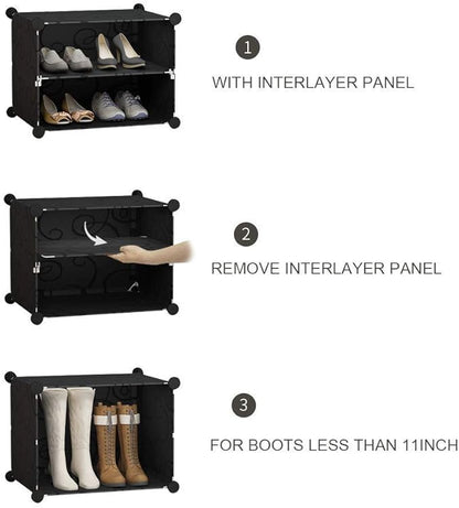 KOUSI Portable Shoe Rack Organizer 24 Pair Tower Shelf Storage Cabinet Stand Expandable for Heels, Boots, Slippers 6 Tier Black,Clear,32 inches x12 inches x36 inches