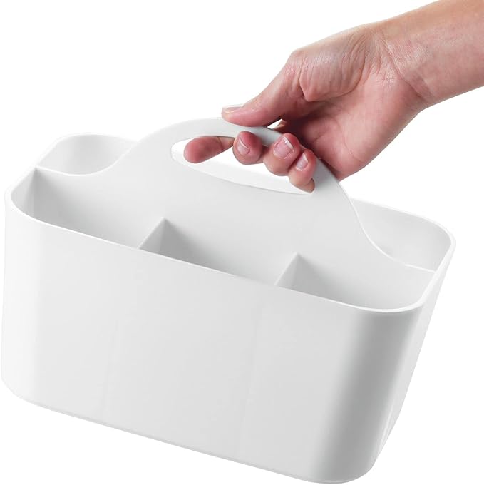 mDesign Plastic Cutlery Storage Organizer Caddy Bin Tote with Handle - Kitchen Cabinet Divided Pantry Basket for Forks, Knives, Spoons, Napkins, Indoor/Outdoor Use, Lumiere Collection, White