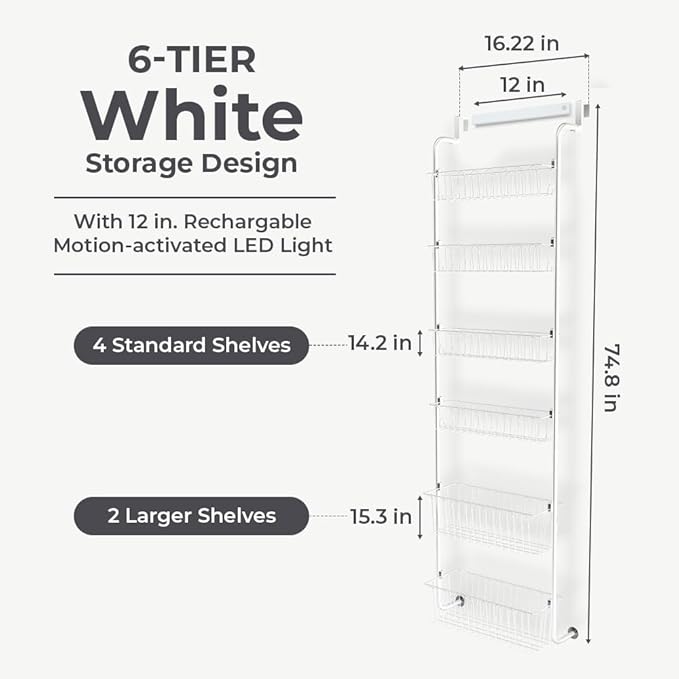 Over Door Organizer Storage - 6 Tier White Metal Over the Door Pantry Organizer Heavy Duty Hanging Storage Rack, Behind Cabinet Shelves for Home, Kitchen, Bathroom, Closet, Pantry