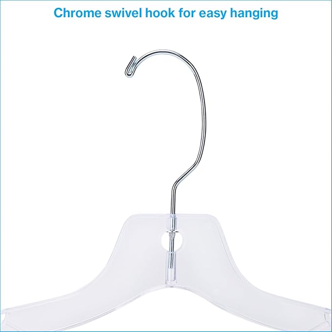 SSWBasics 17 inch Clear Plastic Dress Hangers (Case of 20) - Features a Chrome Swivel Hook and Notched Shoulders - Perfect for Lightweight Fabrics and Can Be Used for Retail Stores