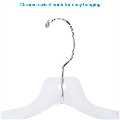 SSWBasics 17 inch Clear Plastic Dress Hangers (Case of 20) - Features a Chrome Swivel Hook and Notched Shoulders - Perfect for Lightweight Fabrics and Can Be Used for Retail Stores