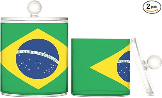 DOMIKING Brazilan Flag 2 Pack Bathroom Canisters Cotton Swab Holder Dispenser Plastic Cotton Ball Jar Acrylic Storage Containers for Floss Makeup Sponges Cotton Ball