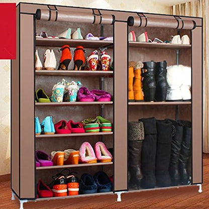 lapday 27-Pairs Portable Boot Rack, Double Row Shoe Rack Covered with Nonwoven Fabric,Space Saving Closet Shoe Cabinet Tower (Coffee)