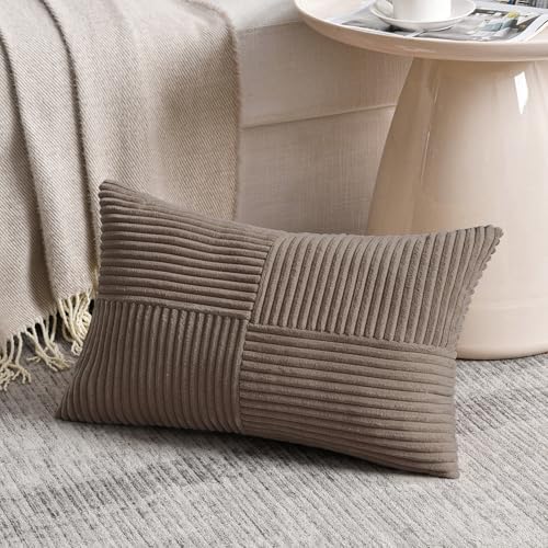 Fancy Homi Set of 2 Light Brown Lumbar Decorative Throw Pillow Covers 16x26 Inch for Living Room Bedroom Couch Bed Sofa, Soft Striped Corduroy Modern Rectangle Accent Cushion Case 65x40 cm - Image 2