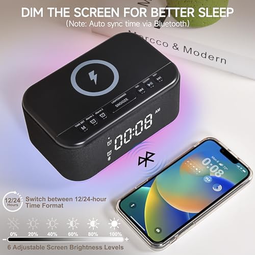 Alarm Clock Speaker Wireless Charger, Digital Alarm Clocks Bedrooms Bluetooth, Alarm Clock Dimmable Light Bedrooms Dual Alarm Snooze Dimmer 12 24H RGB Night Light Bluetooth USB AUX, Black - Image 3