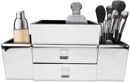 OnDisplay Emma 2 Drawer Tiered Mirrored Glass Makeup/Jewelry Organizer - Mirror Beauty Station - Perfect for Vanity, Bathroom Counter, or Dresser (Silver)