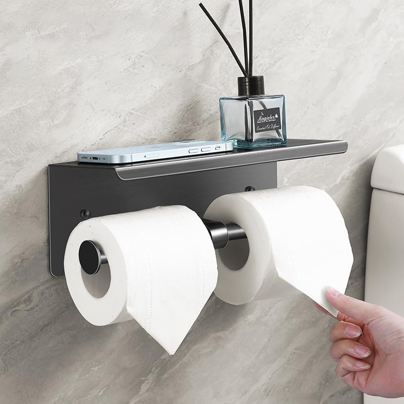 Double Toilet Paper Holder with Shelf, 304 Stainless Steel Wall Mount Bathroom Tissue Roll Holder with Shelf, Brushed Silver Commercial Tissue Dispenser - Image 5