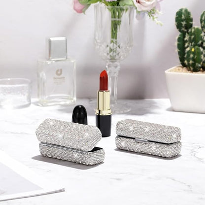 Lipstick Bling Rhinestone Crystal Case Storage Organizer Box with Mirror for Women's Lipstick Holder-Cosmetic Storage Kit (Full silver)