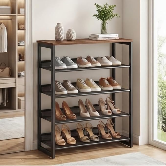 Garden 4 you Shoe Rack for Entryway 5 Tiers 11.8" D x 29" W x 36.5" H, Metal Shoe Rocks with Brown Wooden Tabletop, Angled Shoes Rack with Adjustable Mesh Shelves for Entryway Hallway Closet
