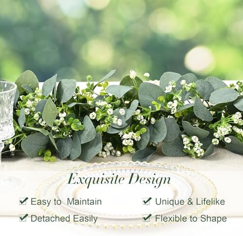 Waipfaru 8Pcs Eucalyptus Garland, 5.9FT Greenery Garland, Green Garland with Flowers, Artificial Faux Silver Dollar Eucalyptus Leaves Vines for Table Home Wedding Mantle Party Indoor Outdoor Decor - Image 2