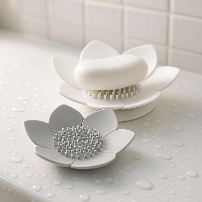 2 Pack Lotus Shower Steamer Trays, Silicone Soap Holder with Self Draining - Elegant White & Gray Lotus Flower Shape Soap Dish, Perfect for Bathroom Counter, Kitchen Sink, Shower Organizer