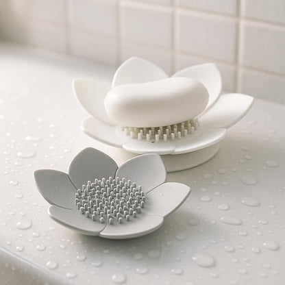 2 Pack Lotus Shower Steamer Trays, Silicone Soap Holder with Self Draining - Elegant White & Gray Lotus Flower Shape Soap Dish, Perfect for Bathroom Counter, Kitchen Sink, Shower Organizer