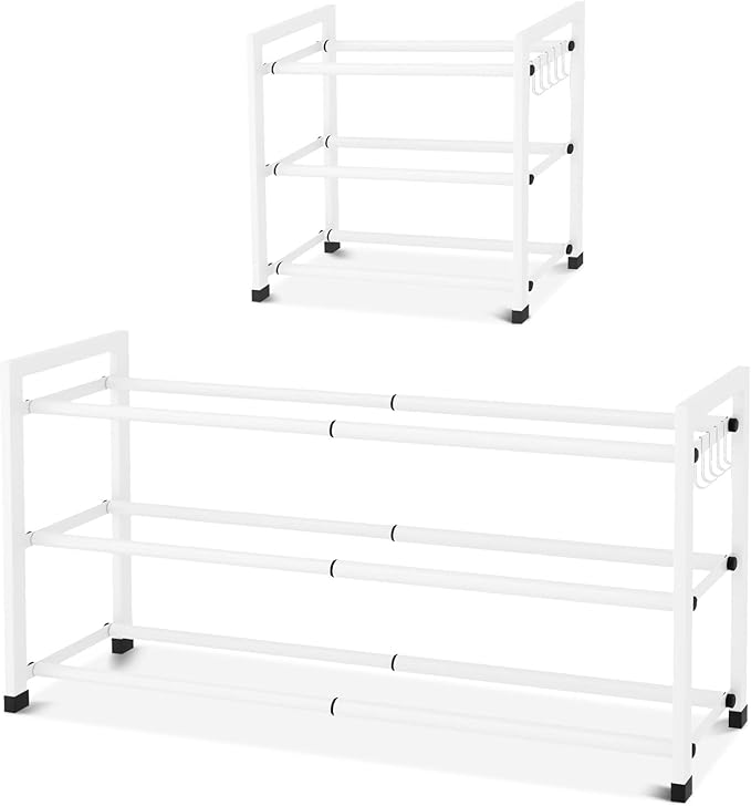 Expandable Shoe Rack for Closet Adjustable Metal Shoe Rack for Entryway 18.5"-33" Free Standing Shoe Organizer 12 Pairs with Hooks 3-Tier Small Shoe Shelf for Bedroom Garage Dorm Floor, White