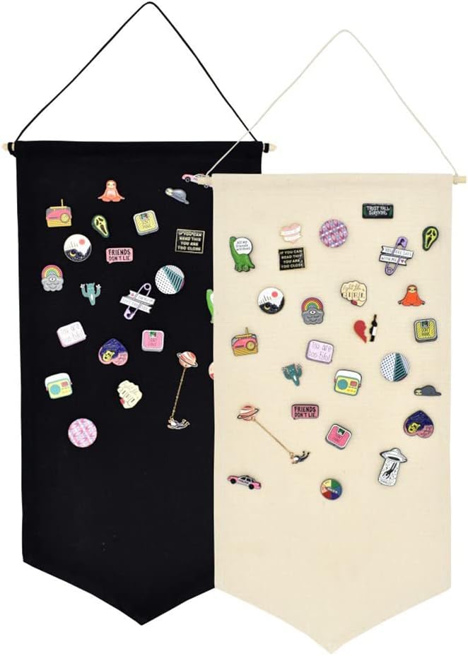 Wall Hanging Brooch Jewelry Storage Case Canvas Display Stand Enamel Pin Badges Buttons Display Banner Holder Earrings Necklace Glitter Pin Collection Organizer - Black M