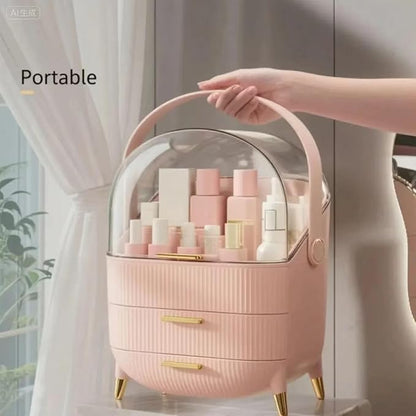 Makeup Organizer with Drawers & Lid - Portable Large Cosmetic Storage Case for Vanity Countertop, Travel, Gift for Women, Girls, 11"×7"×15", Pink