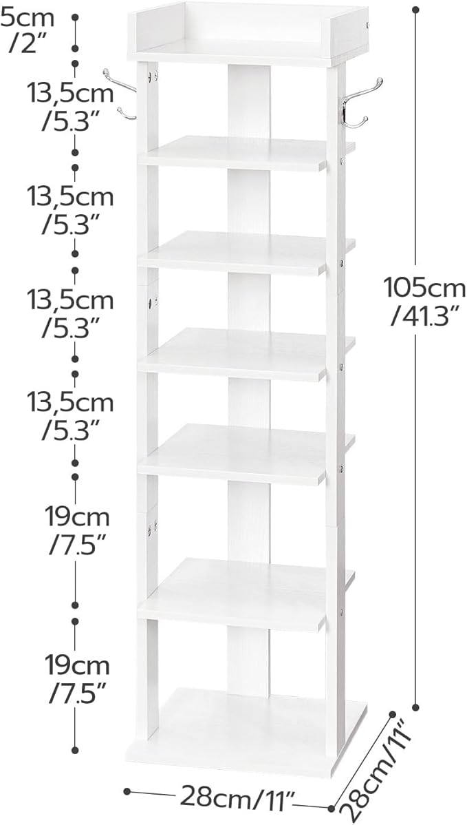 HOOBRO Vertical Shoe Rack for Front Door Entryway, 7 Tier Wooden Shoe Storage Organizer with Hooks, Narrow Shoe Tower for 7 Pairs, Space Saving, for Corner, Closet, Bedroom, White WT61XJ01