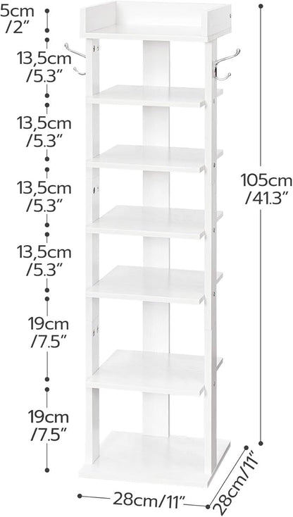 HOOBRO Vertical Shoe Rack for Front Door Entryway, 7 Tier Wooden Shoe Storage Organizer with Hooks, Narrow Shoe Tower for 7 Pairs, Space Saving, for Corner, Closet, Bedroom, White WT61XJ01