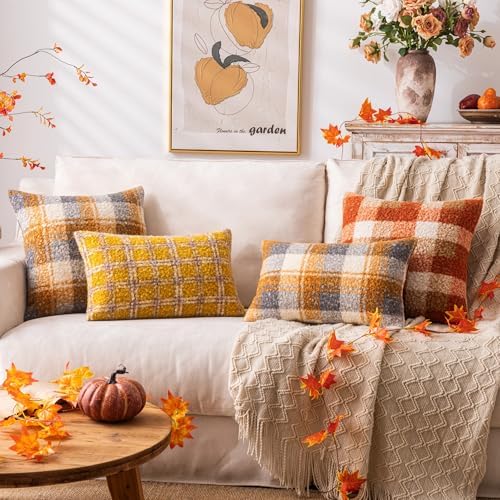 AQOTHES Plaid Fall Throw Pillow Covers Yellow Blue 20x20 Inch Set of 2 - Image 4