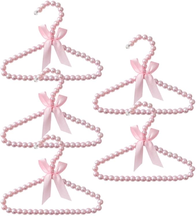 Luxshiny Small Pearl Hangers for Baby Clothes Set of 5 Toddler Clothing Hangers with Decorative Pearls and Ribbon Bow for Infant Closet and Pet Clothes Organization