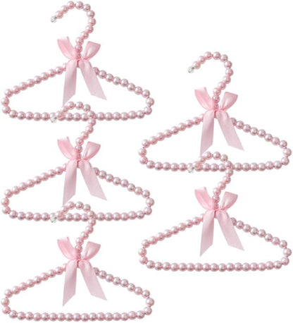 Luxshiny Small Pearl Hangers for Baby Clothes Set of 5 Toddler Clothing Hangers with Decorative Pearls and Ribbon Bow for Infant Closet and Pet Clothes Organization