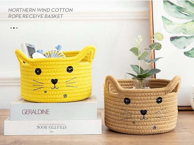 Woven Basket Cartoon Cotton Rope Gifts Basket with Handle Empty Baby Wicker Storage Basket Nursery Box Bin Kids Organizer Cat Dog Toy Basket Easter Basket,Yellow