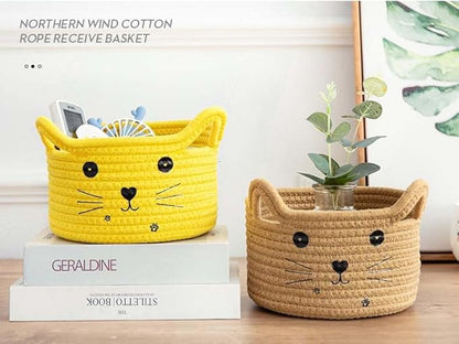 Woven Basket Cartoon Cotton Rope Gifts Basket with Handle Empty Baby Wicker Storage Basket Nursery Box Bin Kids Organizer Cat Dog Toy Basket Easter Basket,Yellow