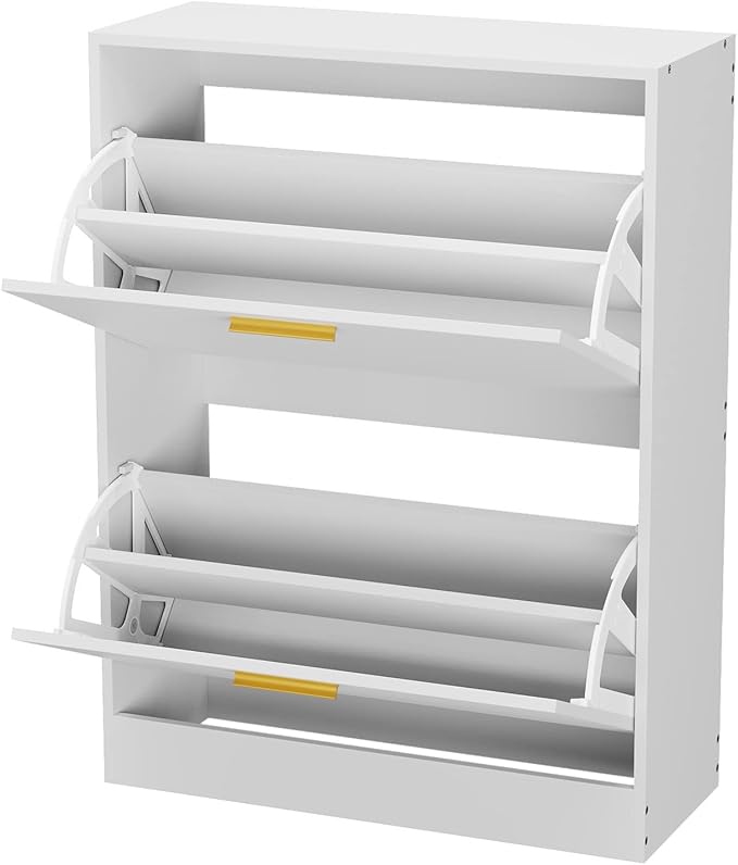 JOZZBY Shoe Cabinet Storage for Entryway, Slim White Hidden Shoe Organizer Cabinet with 2 Flip Drawers, Wooden Narrow Shoe Rack with 2 Tier Freestanding for Hallway, Living Room