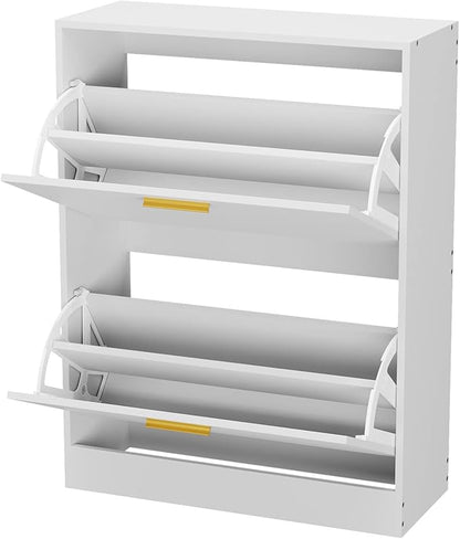 JOZZBY Shoe Cabinet Storage for Entryway, Slim White Hidden Shoe Organizer Cabinet with 2 Flip Drawers, Wooden Narrow Shoe Rack with 2 Tier Freestanding for Hallway, Living Room