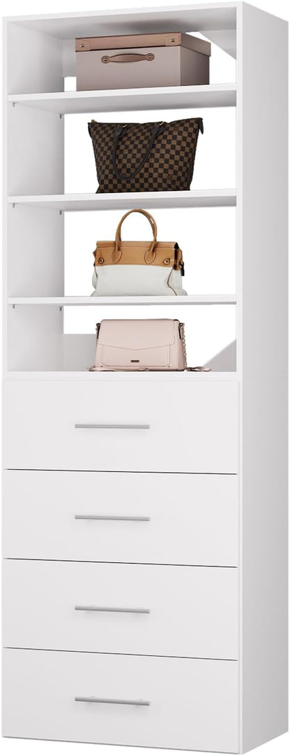 ROOMTEC Modular Closet System, 19.5" 4 Drawer Shelf Closet Tower Wall-Mounted Closet Organizer, Wooden Tower for Walk-In Closets, Wardrobe Storage Kit, White