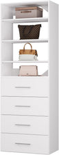 ROOMTEC Modular Closet System, 19.5" 4 Drawer Shelf Closet Tower Wall-Mounted Closet Organizer, Wooden Tower for Walk-In Closets, Wardrobe Storage Kit, White