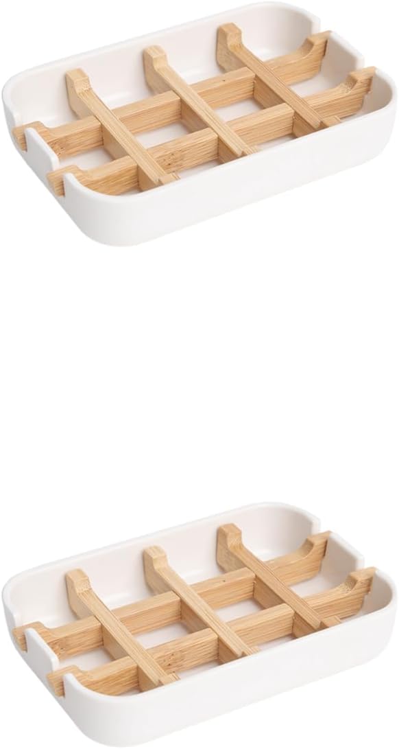 2 Pack Bamboo Fiber Soap Holder and Soap Dish Combination for Bathroom Bar Soap Holder Sink Deck Bathtub Shower Tray (White)