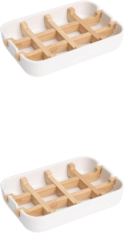 2 Pack Bamboo Fiber Soap Holder and Soap Dish Combination for Bathroom Bar Soap Holder Sink Deck Bathtub Shower Tray (White)