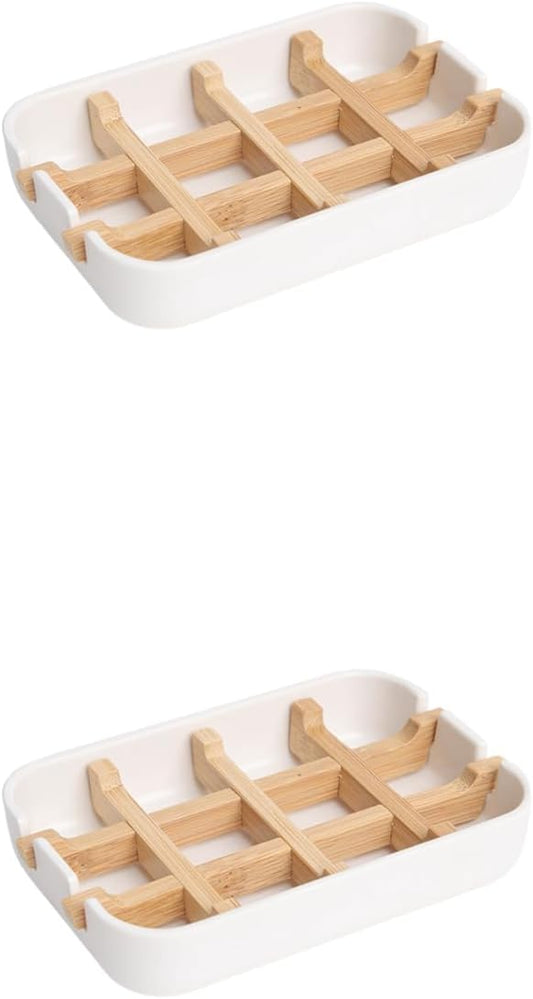 2 Pack Bamboo Fiber Soap Holder and Soap Dish Combination for Bathroom Bar Soap Holder Sink Deck Bathtub Shower Tray (White)