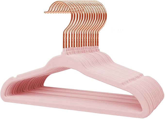 Stormix Baby Clothes Hangers 16 Pack, Kids Velvet Hangers Non-Slip, Clothes Hangers with Shoulder Notches for Toddler Children Pink (Gold Hook)