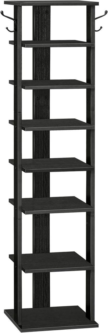 HOOBRO 8 Tiers Vertical Shoe Rack, Wooden Shoe Storage Organizer with Hooks, Narrow Shoe Tower for 8 Pairs, Space Saving, for Entryway, Living Room, Bedroom, Black BK07XJ01