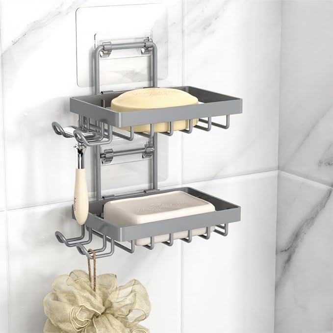 Moforoco Grey Double Soap Bar Holder for Shower, No Drilling, 304 Rustproof Stainless Steel, Wall Mounted Soap Holder with 4 Hooks and Razor Holder, Shower Rack Soap Tray Bar Soap for Bathroom