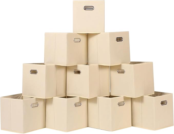 Fabric Cloth Storage Bins,Fabric Cube Organizer with Dual Handles Foldable Cube Storage Baskets for Home Bedroom Storage,Set of 10,(Creamy-White)