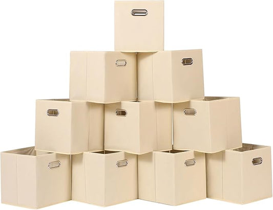 Fabric Cloth Storage Bins,Fabric Cube Organizer with Dual Handles Foldable Cube Storage Baskets for Home Bedroom Storage,Set of 10,(Creamy-White)